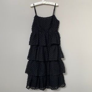 Lulus Flirting with You black tiered pom pom midi dress fully lined back zip L